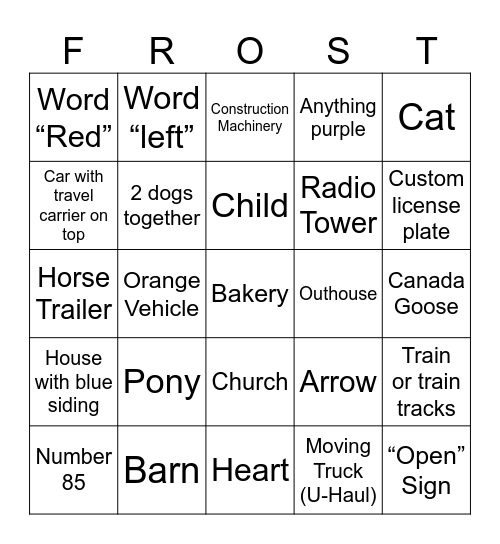 On the Way Home Bingo Card