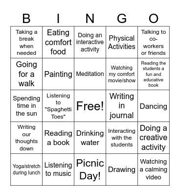 Self-Care Menu Bingo Card