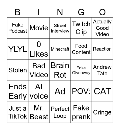 Shorts Bingo Card