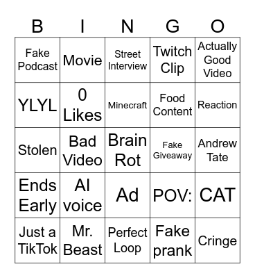 Shorts Bingo Card
