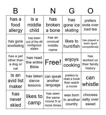 Get to Know Each Other Bingo Card