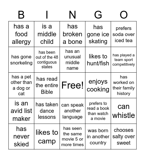 Get to Know Each Other Bingo Card