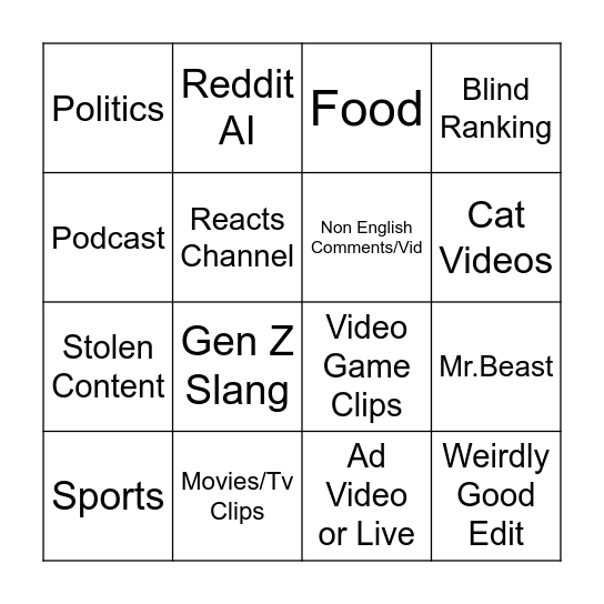 TikTokToe Bingo Card