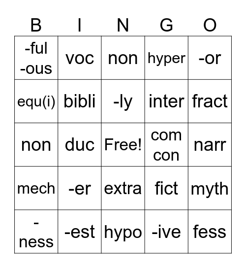 Review Morpheme Bingo Card