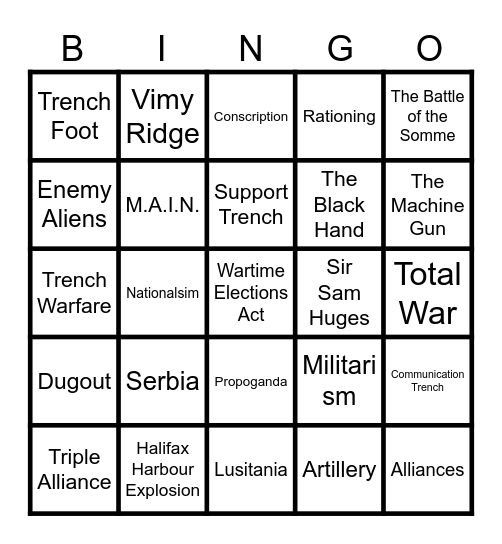 World War 1 Bingo Card