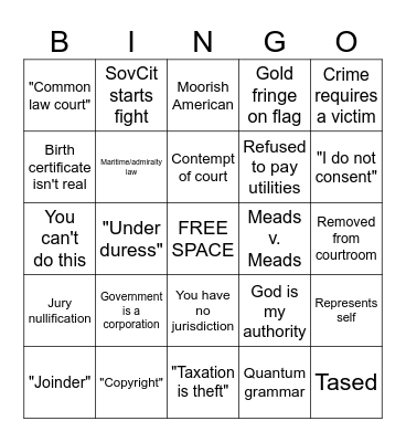 Sovereign Citizen Bingo (Court Edition) Bingo Card