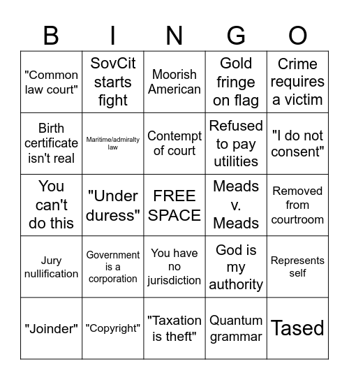 Sovereign Citizen Bingo (Court Edition) Bingo Card