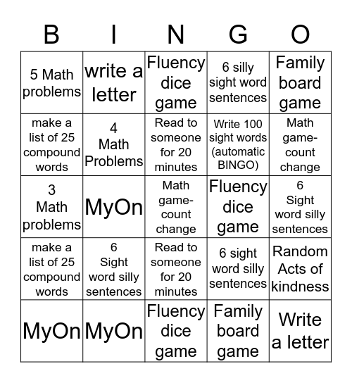 Bingo Homework Bingo Card