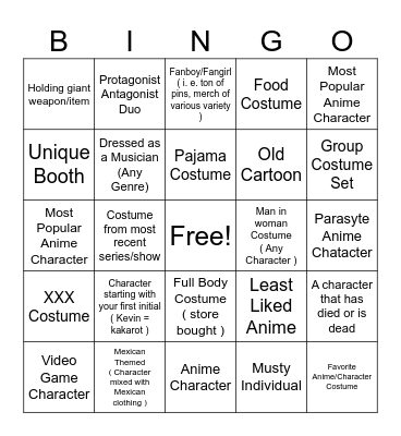 Comic Con Bingo Card