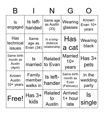 Wedding Guest Bingo Card