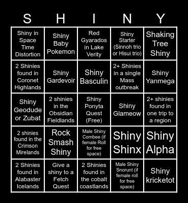 Pokemon Legends Arceus Shiny bingo Edition Bingo Card