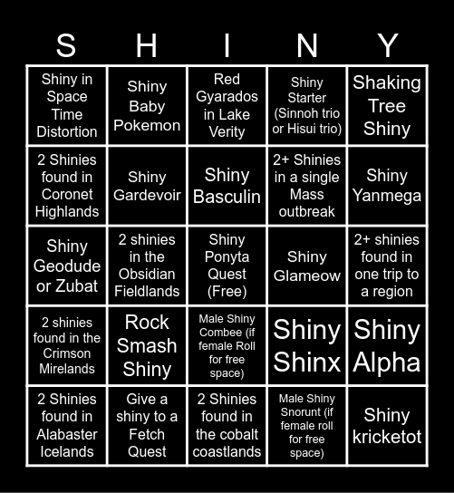 Pokemon Legends Arceus Shiny bingo Edition Bingo Card