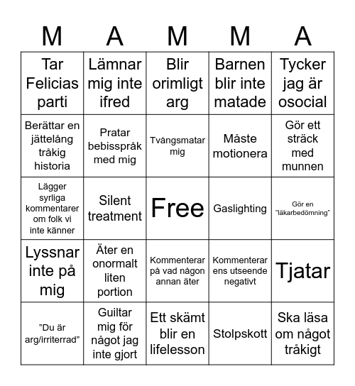 Mamma är dum bingot Bingo Card