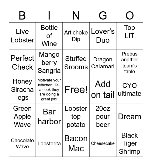 RED LOBSTER Bingo Card