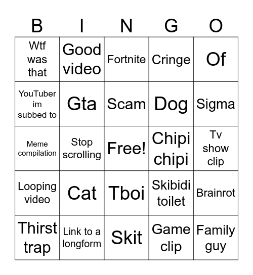 Yt shorts Bingo Card