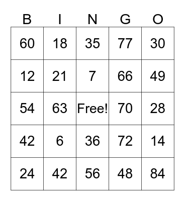 Multiplication Bingo Tables 6 and 7 Answers Bingo Card