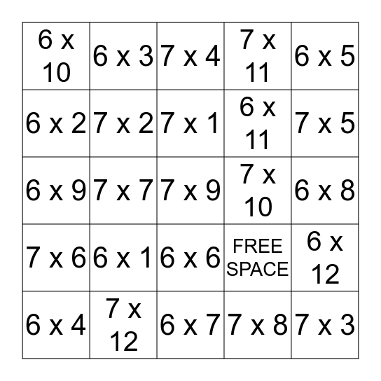 Multiplication Tables of 6 and 7 Bingo Card