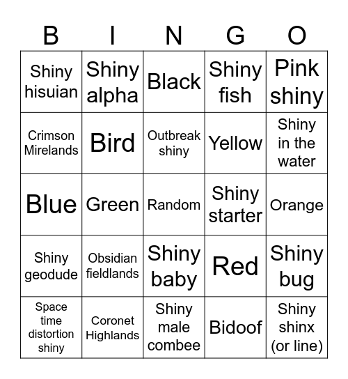 LEGENDS ARCEUS SHINY BINGO Card