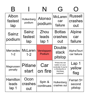 F1 Bingo Card