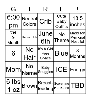It's A Girl Bingo Card
