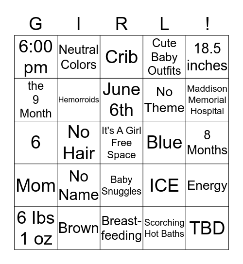 It's A Girl Bingo Card