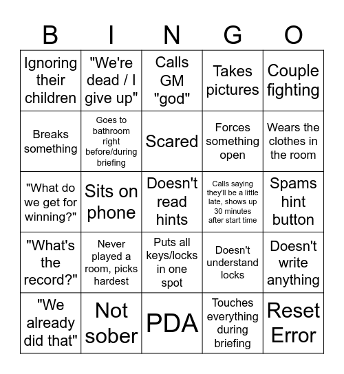 Escapology Bingo Card