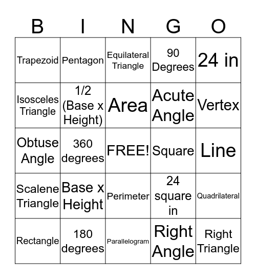 Geometry Review Bingo Card