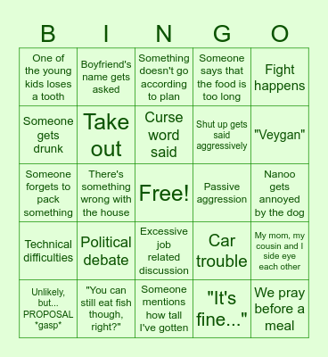 Family Vacation Bingo Card