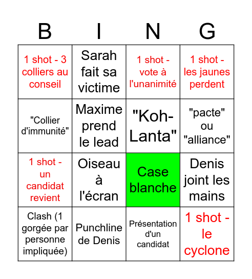 Koh Lanta Bingo Card