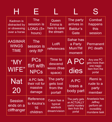 DESCEND - Session 5 Bingo Card