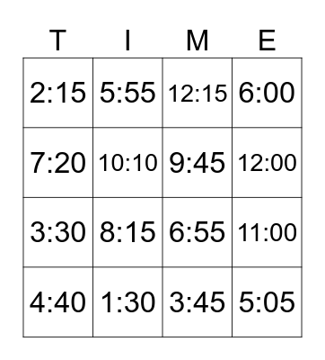 Digital Time Bingo Card