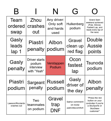 F1 Bingo Card