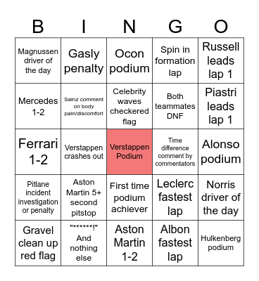 F1 Bingo Card