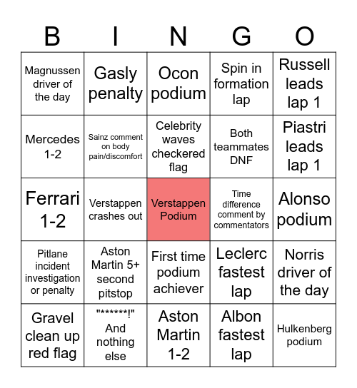 F1 Bingo Card