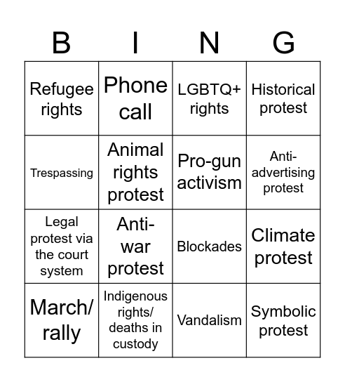 Insight - Protest - Types and Methods of Protest Bingo Card