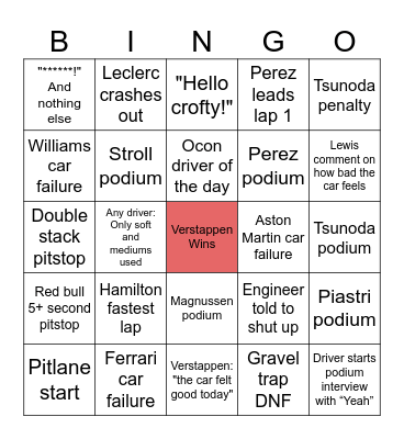 F1 Bingo Card