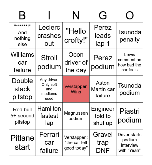 F1 Bingo Card