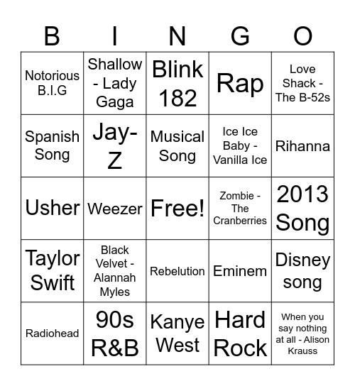 Karaoke Bingo Card