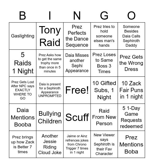 FF7 Remake Redo Bingo Card