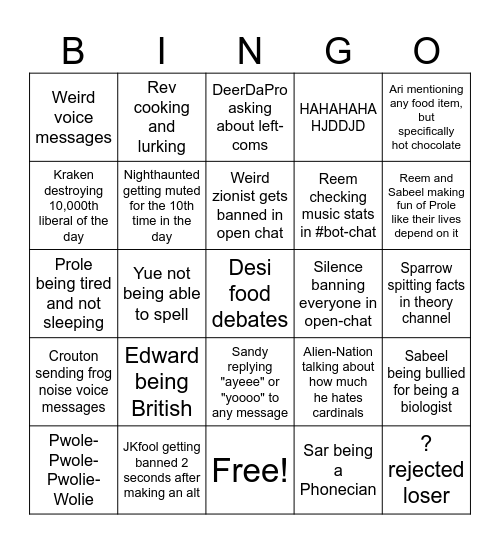 PL chats Bingo Card