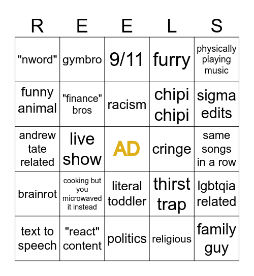 IG reels bingo Card