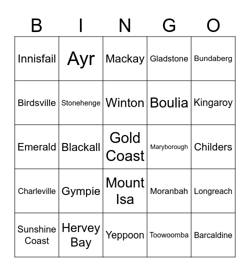Qld Towns & Cities Bingo Card