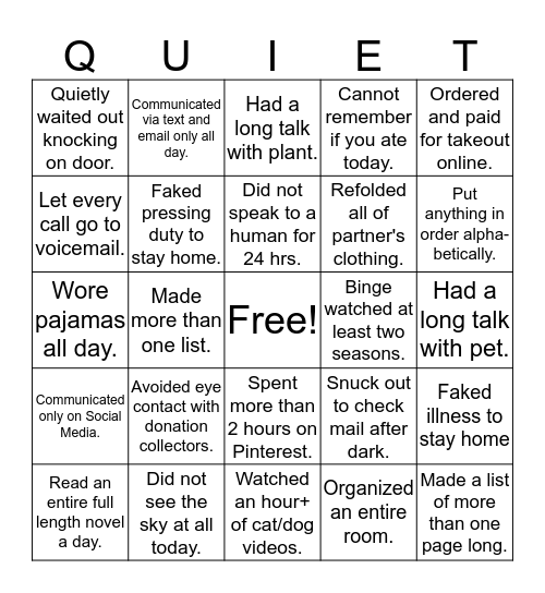 Introvert Bingo Card