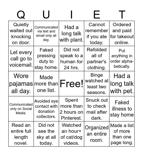 Introvert Bingo Card