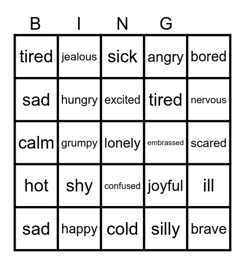 FEELINGS VOCAB Bingo Card