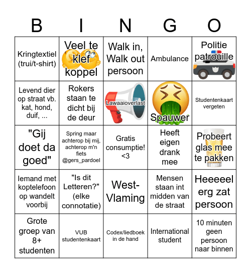 Vooraan stewardshift FAK Letteren Bingo Card