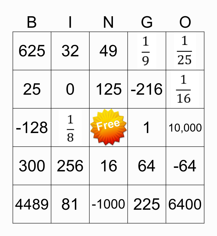 Exponent Bingo Card