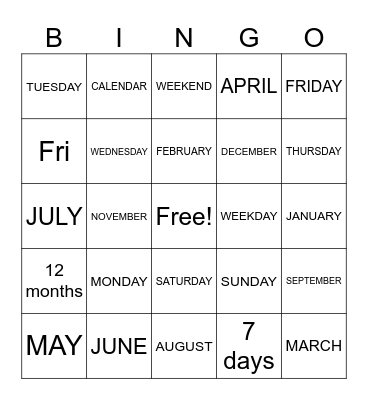 Weeks and months Bingo Card