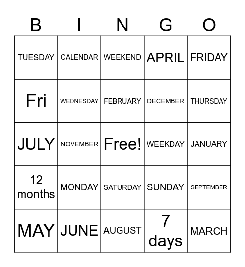 Weeks and months Bingo Card