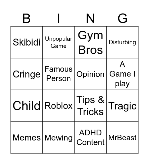 Shorts Bingo Card